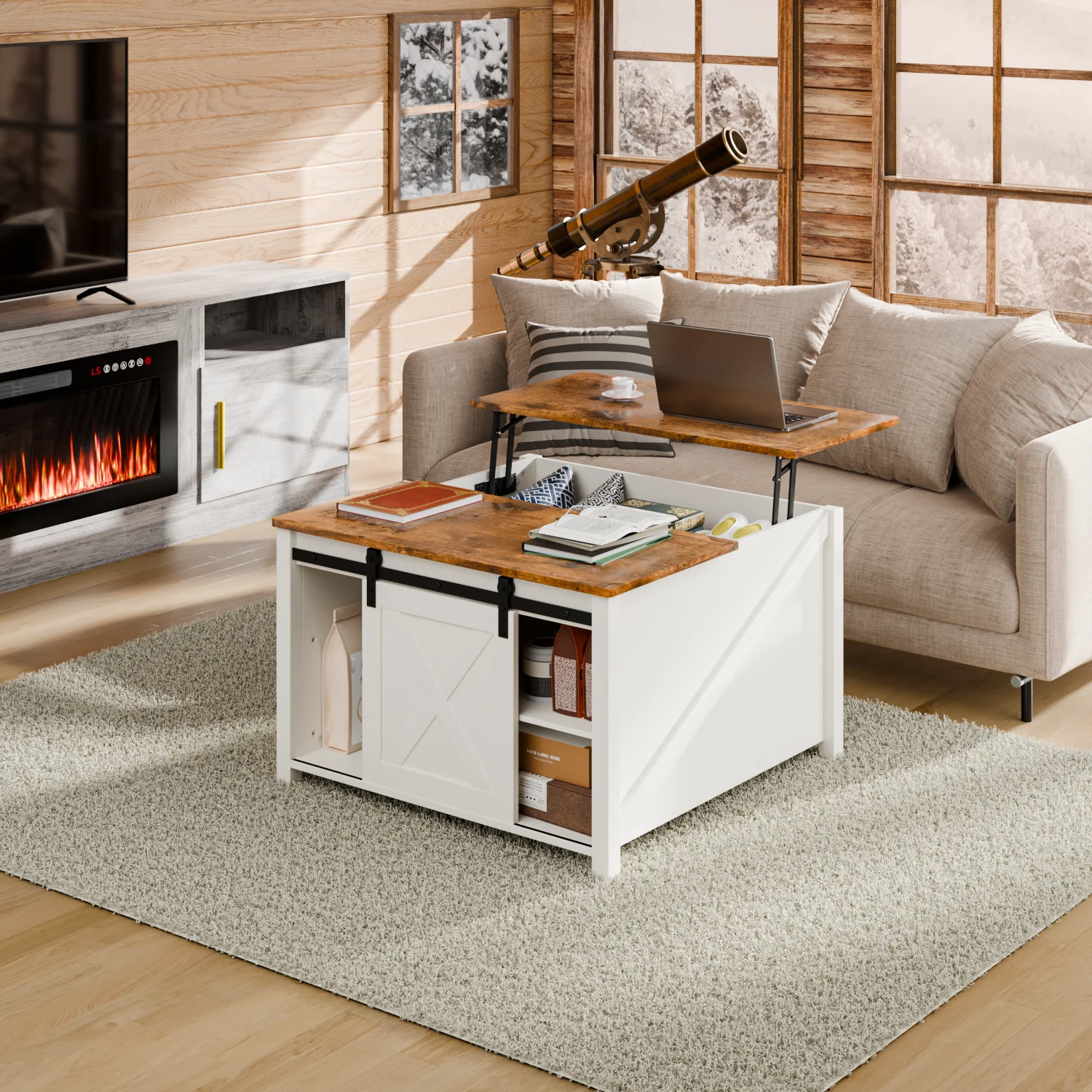 Wooden Coffee Table, Lift Top Coffee Table with Large Hidden Storage Shelf for Living Room(White) - Image 7