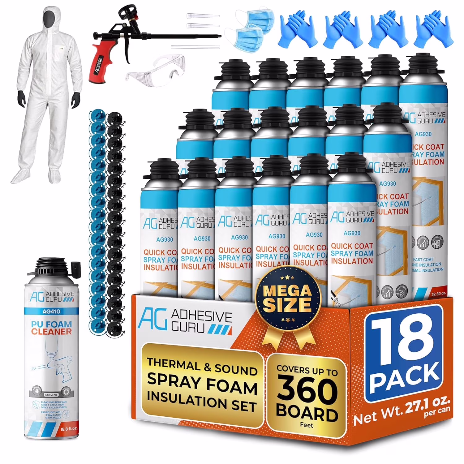 Adhesive Guru Spray Foam Insulation Kit (18 x 32.80 oz/930 Gr - 360 Board Feet), Self - Expanding Adhesive Foam, Closed Cell Heat Insulation & Acustic Spray with Cleaner and Dispensing Gun - 18 Pack