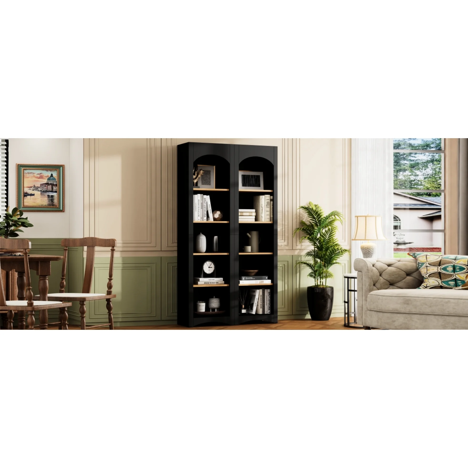 72"h Pantry Pair, 2 , Adjustable Shelves, , Black Finish 2 Bookcase , Cabinet With Vintage Style(Black) - Image 7