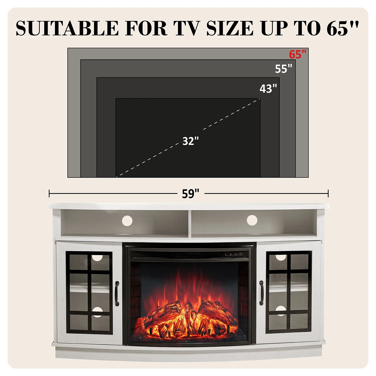 Curved TV Cabinet with 26" Electric Fireplace for TVs up to 65", Distressed White(Distressed White) - Image 2