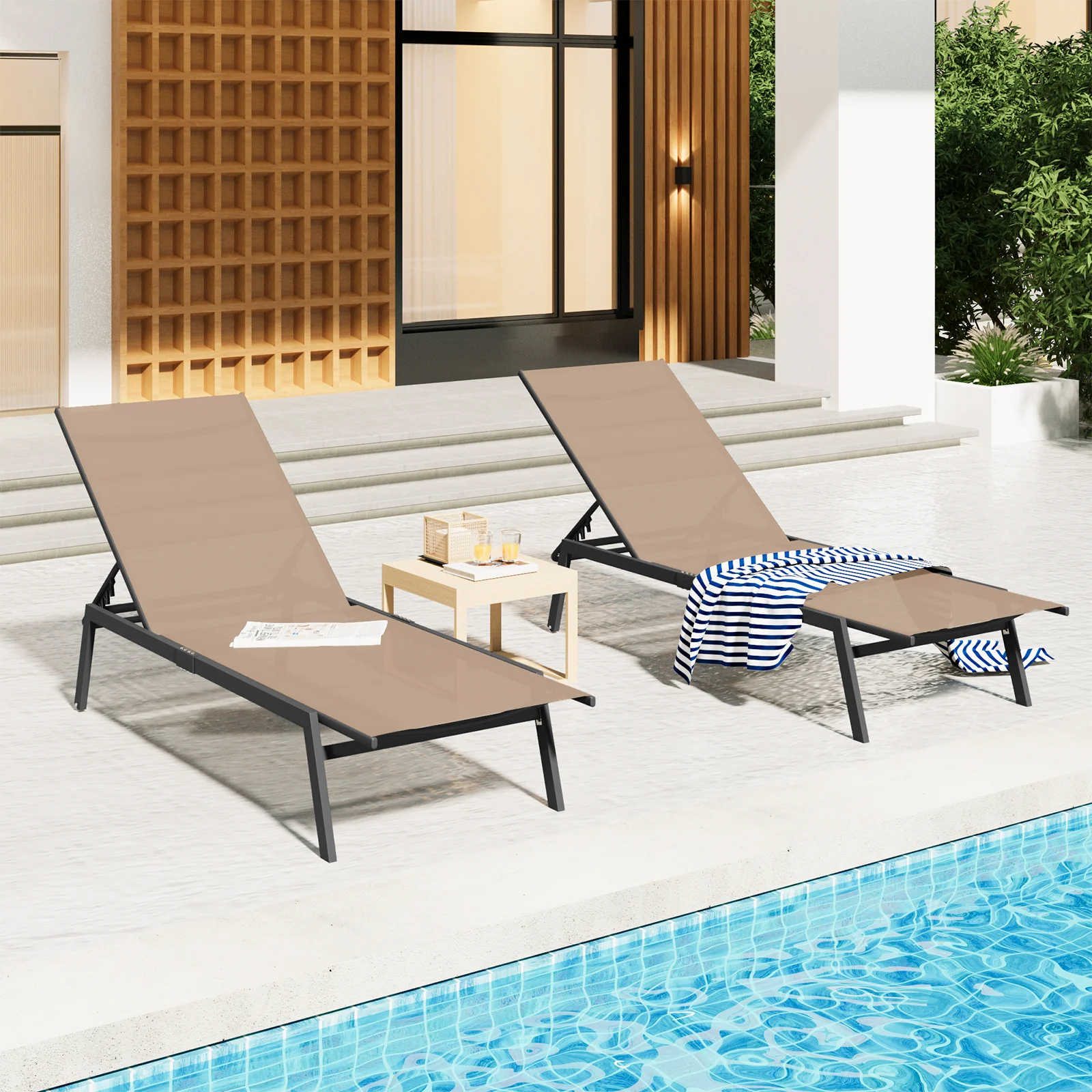 AECOJOY Patio Lounge Chairs, Outdoor Chaise Lounge with Wheels, Beige, 2PCS
