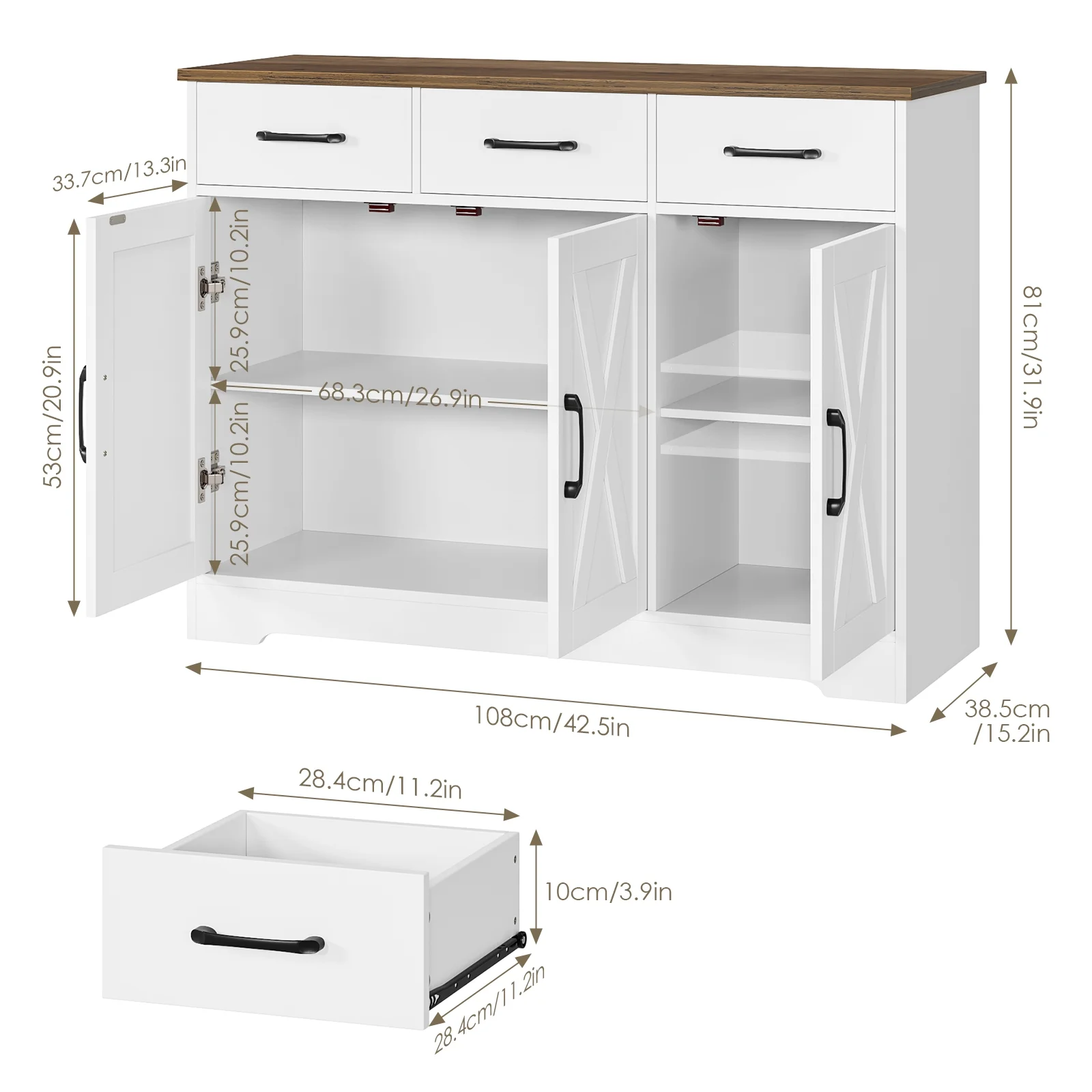 42.5'' Kitchen Buffet Sideboard Cabinet, 3 Drawers Farmhouse Coffee Bar Storage Cabinet with Adjustable Shelf, White(White) - Image 2