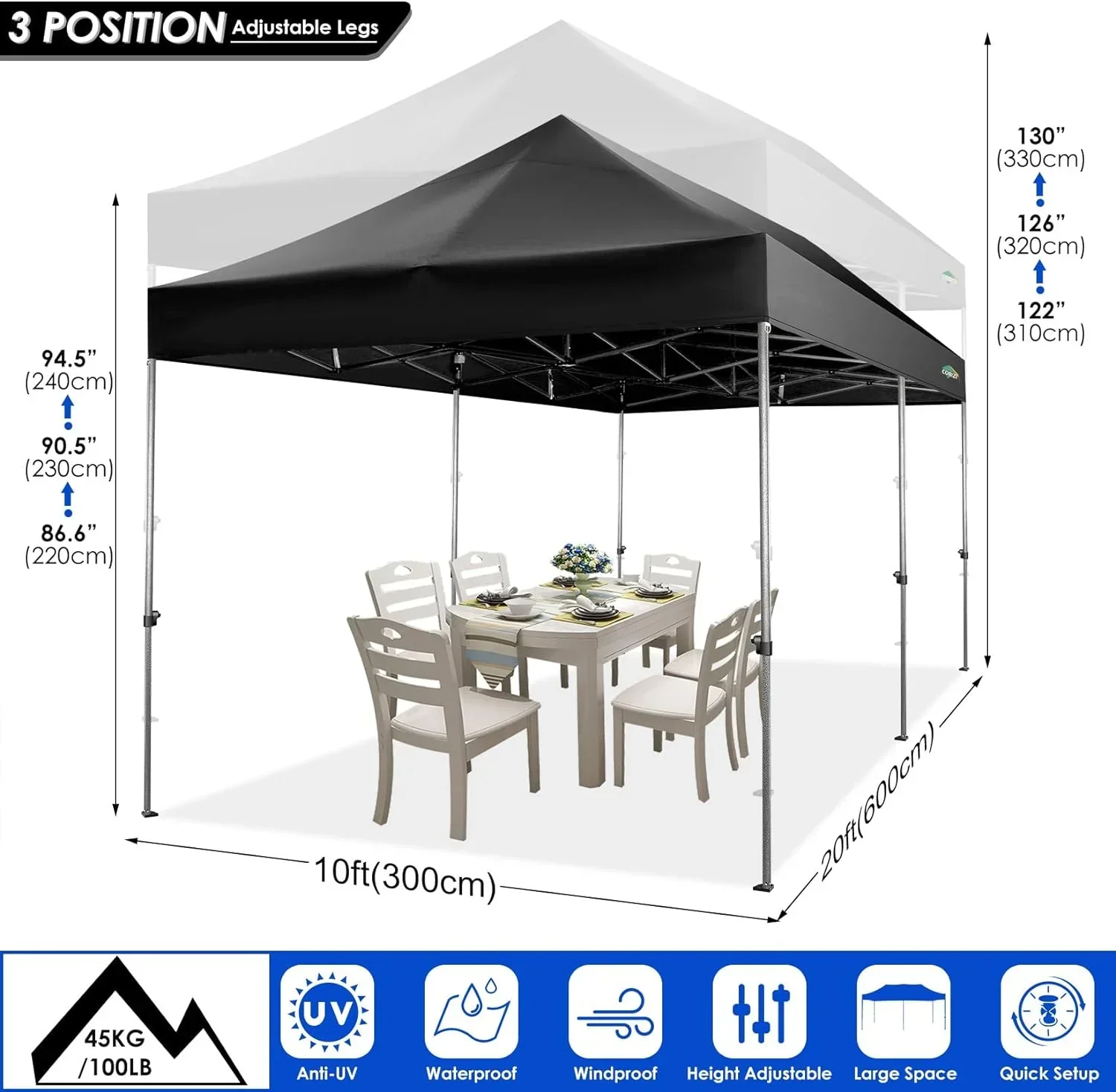 Tente pliante robuste COBIZI 10x20, 6 parois latérales, pour événements commerciaux, mariages et réceptions