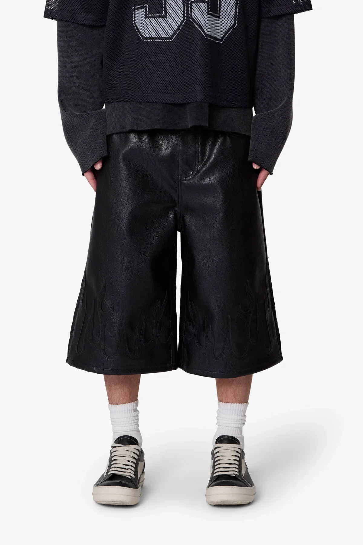 Ultra Baggy Leather Flame Shorts - Black