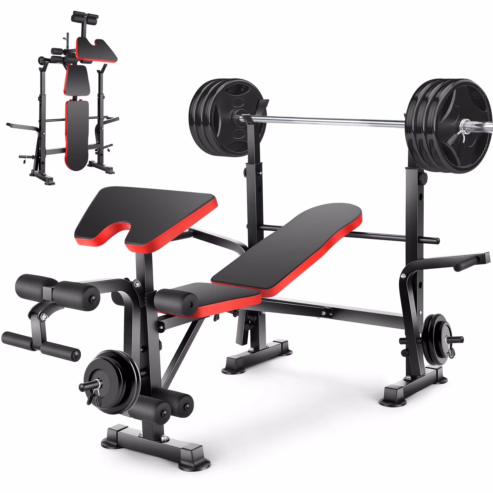 Adjustable Weight Bench 600lbs 5 in 1 Foldable Workout Bench Set with Barbell Rack Leg Developer Preacher Curl Rack Dumbbell Fly Attachment, Multi Function Strength Training Bench Press(5 in 1)
