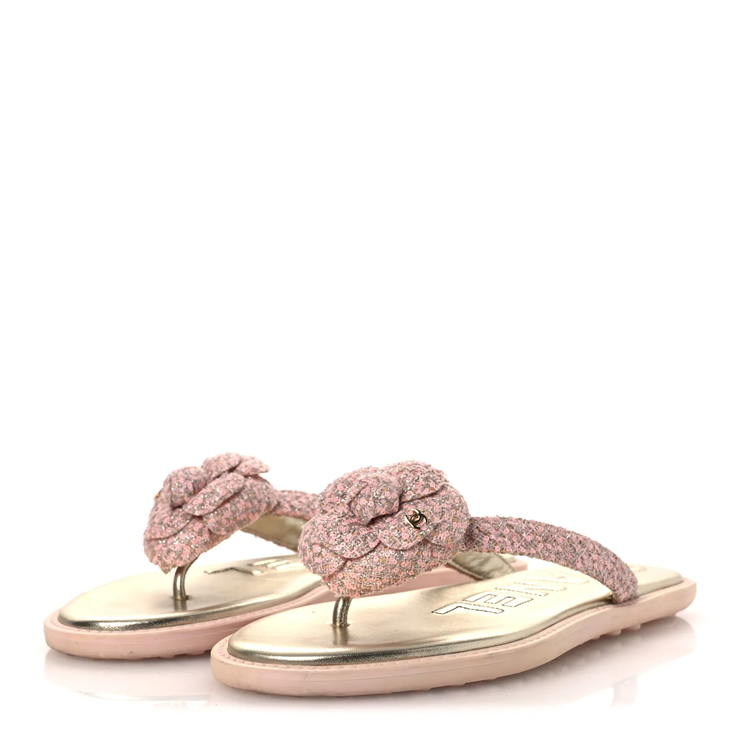 Tweed Camellia Thong Sandals 37.5 Salmon Apricot Gold