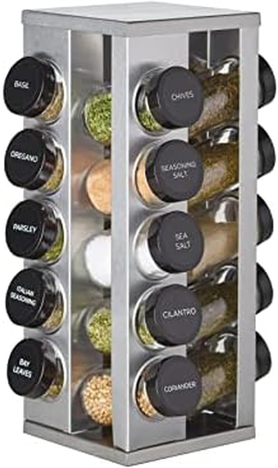 Kamenstein 20 Jar Heritage Revolving Countertop Spice Rack Organizer with Spices Included, FREE Spice Refills for 5 years, Brushed Stainless Steel with Black Caps