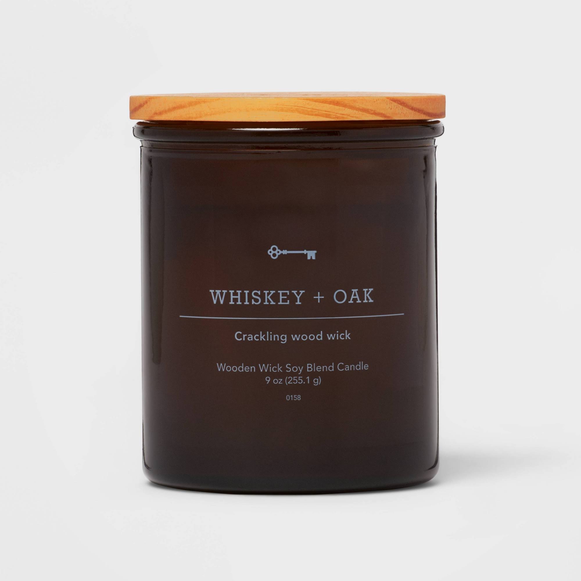 Amber Glass Whiskey + Oak Lidded Wood Wick Jar Candle 9oz - Threshold