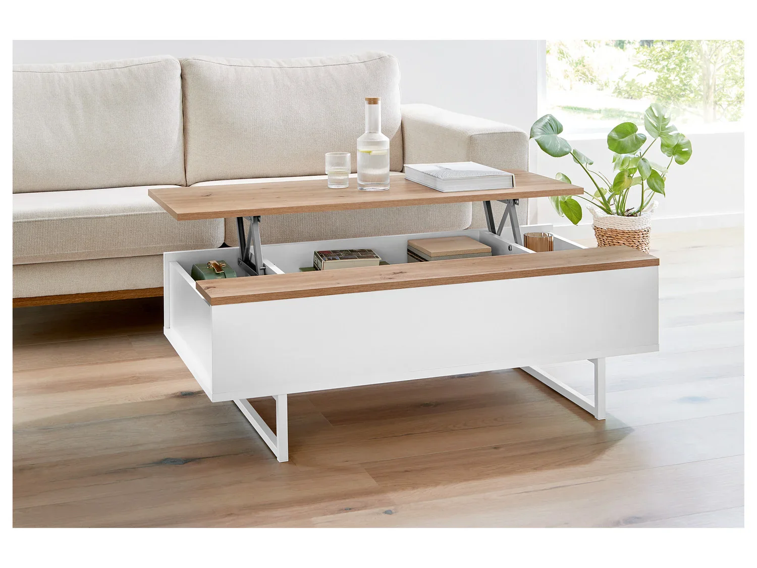 LIVARNO home Table basse Madrid, 110 x 37,5 x 58 cm, imitation chne/blanc