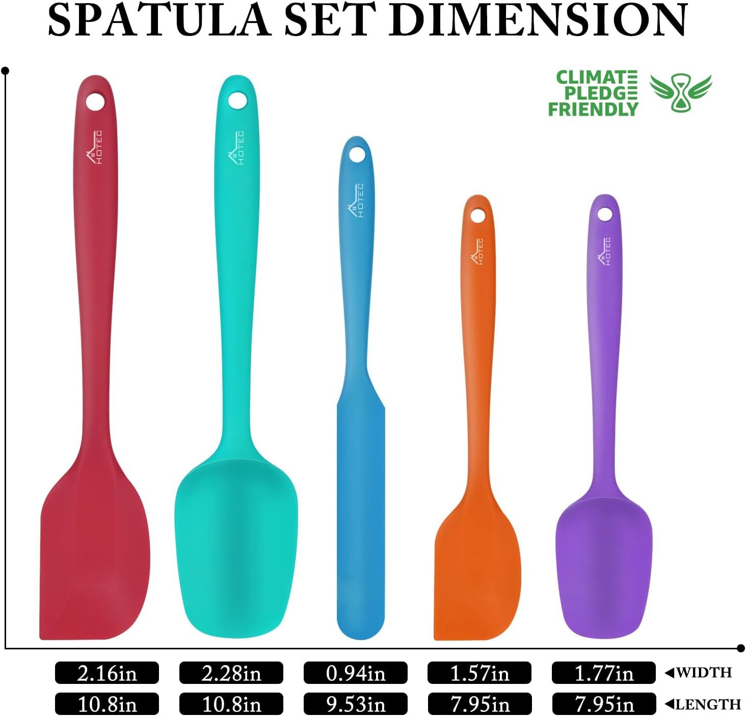 HOTEC Heat Resistant 600℉ Food Grade Silicone Rubber Spatula Set for Baking, Cooking, and Mixing Non-Stick Dishwasher Safe BPA-Free Multicolor Set of 5