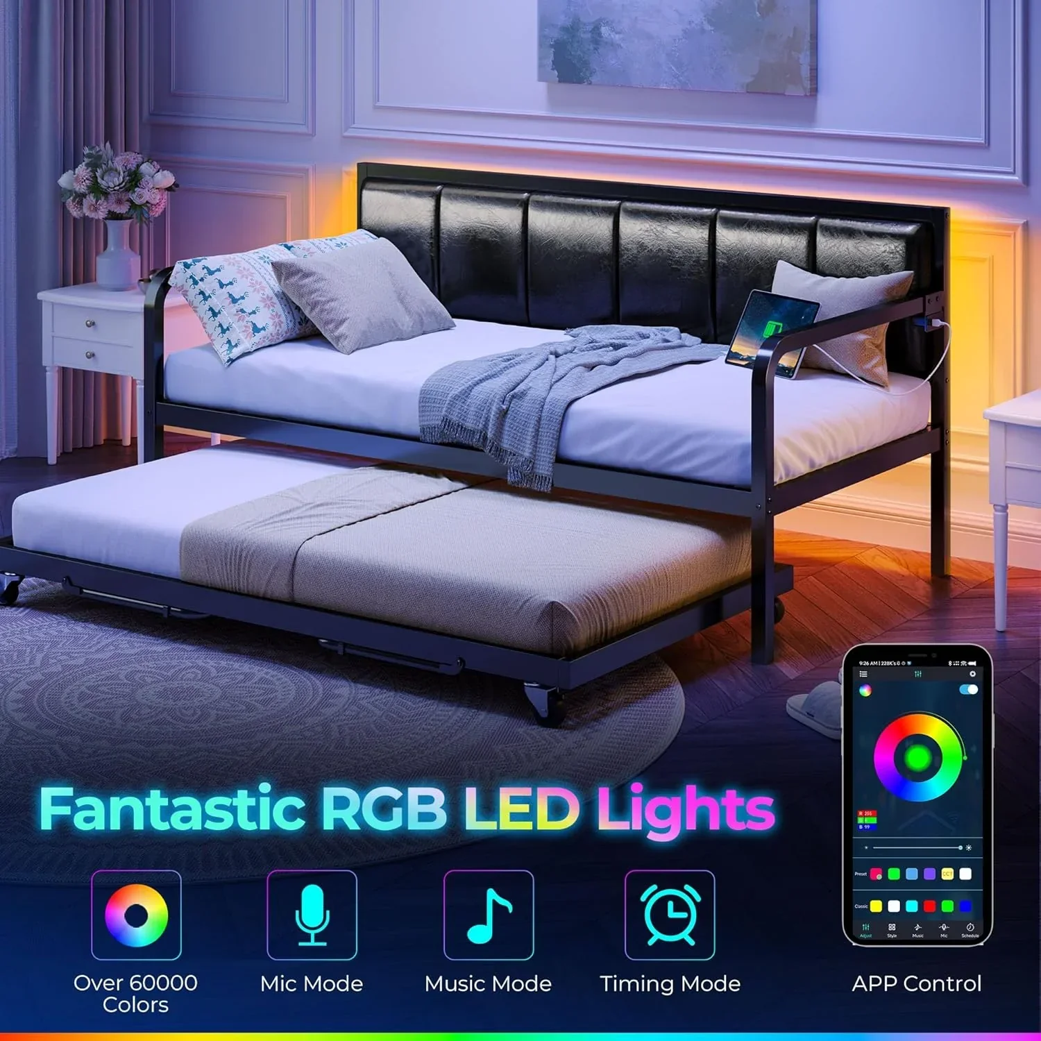 Lit de jour Rolanstar avec station de recharge et éclairage LED, lit de jour double réglable en hauteur