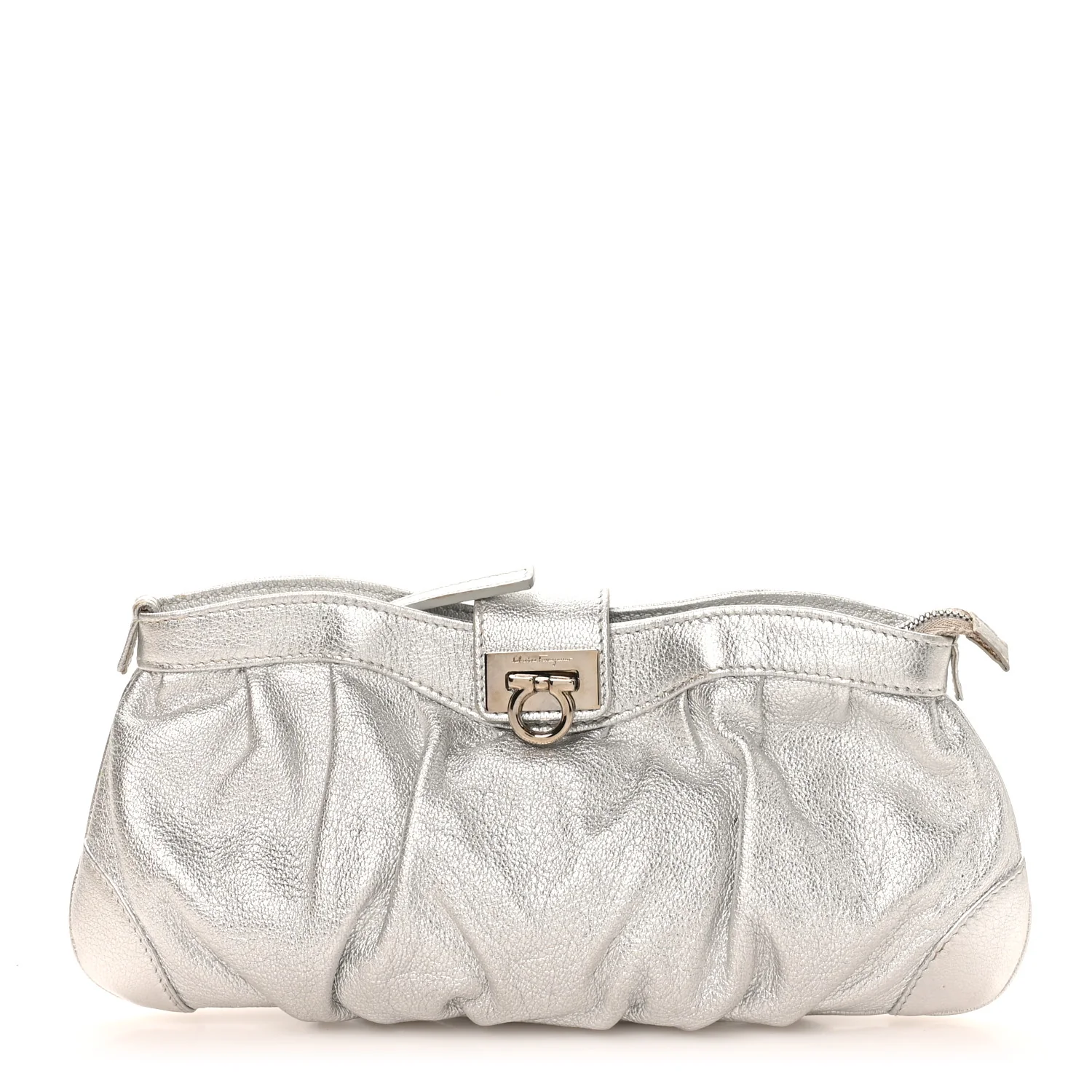 Metallic Calfskin Small Gancini Clutch Silver