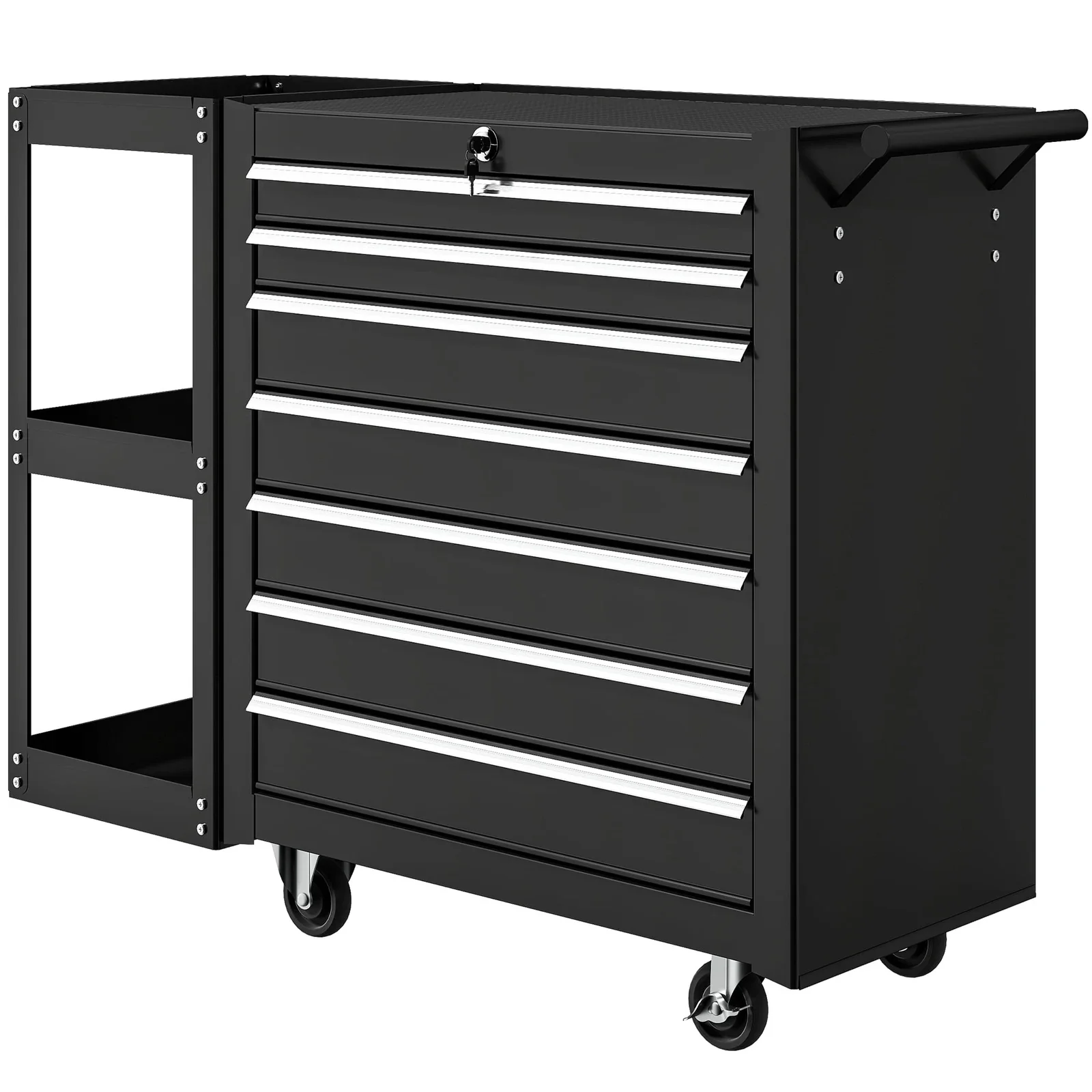 CoSoTower 7-Drawer Rolling Tool Chest with Detachable Side Shelf, Lockable Tool Cabinet Box Organizer with Wheels, Black