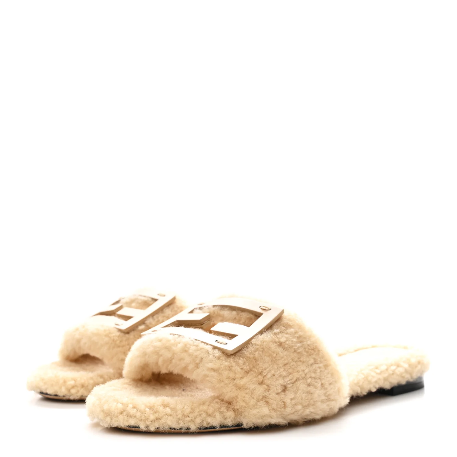 Shearling FF Baguette Slide Sandals 37 Beige Naturale