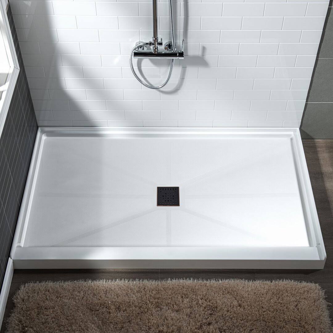Woodbridge Krasik 48 in. L x 36 in. W Alcove Solid Surface Shower Pan Base with Center Drain in White with Oil Rubbed Bronze Cover, White with Oil