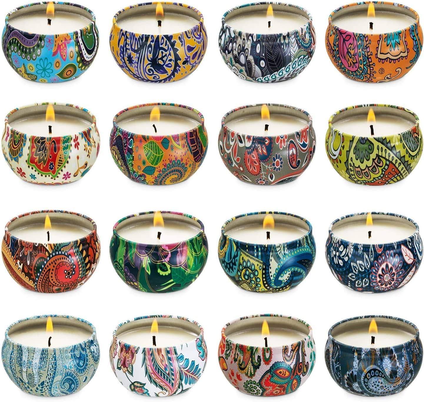 fclayvts Set of 16 Small Scented Candles Soy Wax Aromatherapy Candles 2.5 oz Portable Tin Candles with Lid, Relaxation Gifts Basket for Mother, Women,