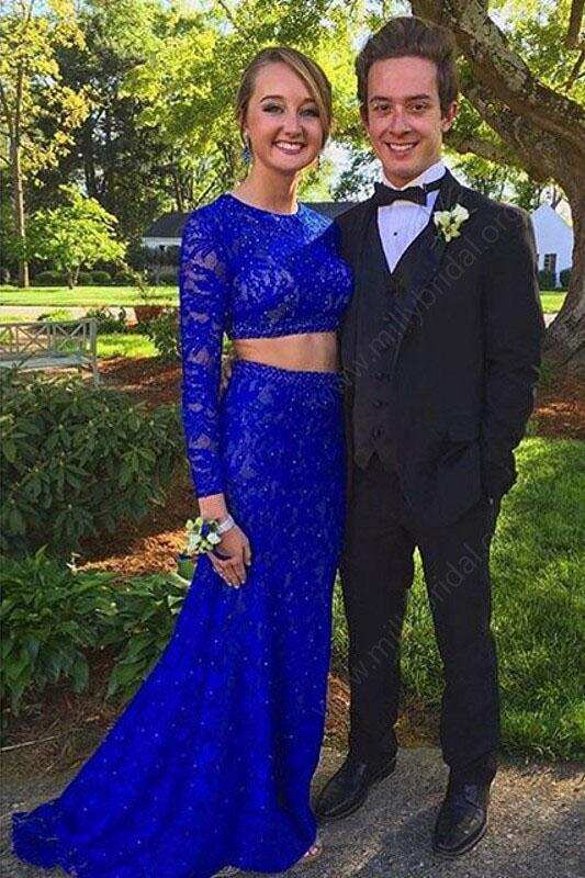 Elegant Sheath Scoop Neck Lace Beading Royal Blue Long Sleeve Two Piece Prom Dresses DM611