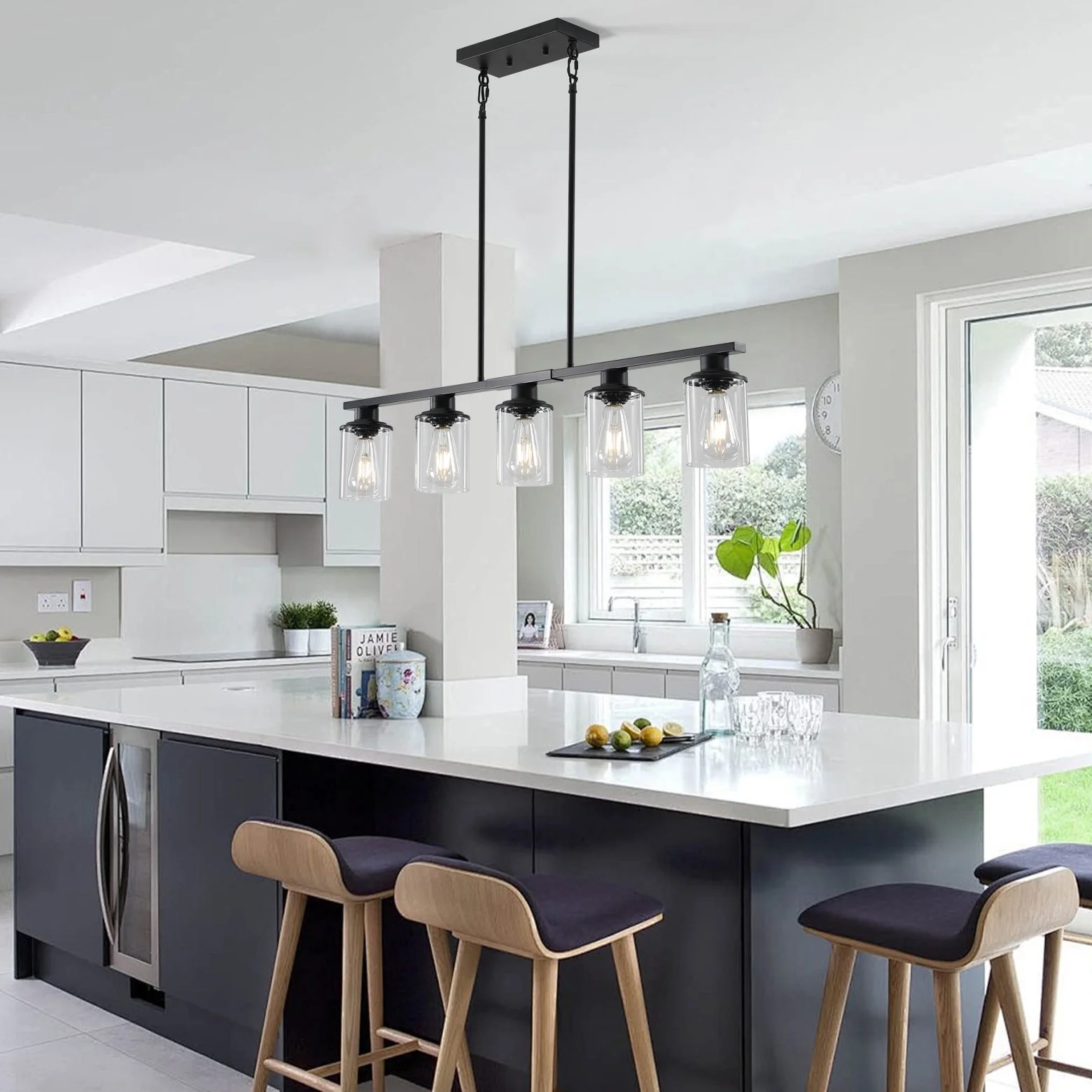 5-Light Kitchen Island Pendant Light, Farmhouse Industrial Chandeliers with Two Metal Rod Supports, Rectangular Island Lights for Kitchen, Living Room, Walnut/Black