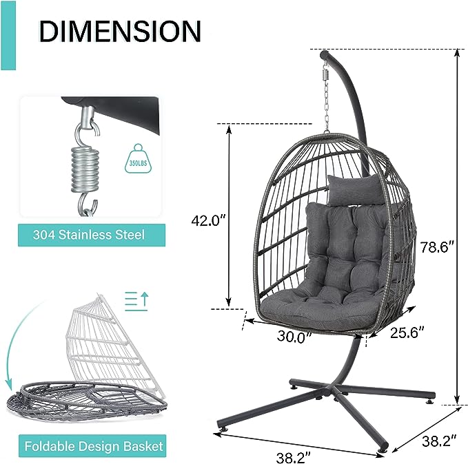 Fauteuil suspendu œuf SWITTE avec support, hamac suspendu œuf avec support, fauteuil œuf en osier pour intérieur et extérieur avec coussin et appui-tête pour terrasse, chambre, véranda, jardin, capacité de charge de 159 kg