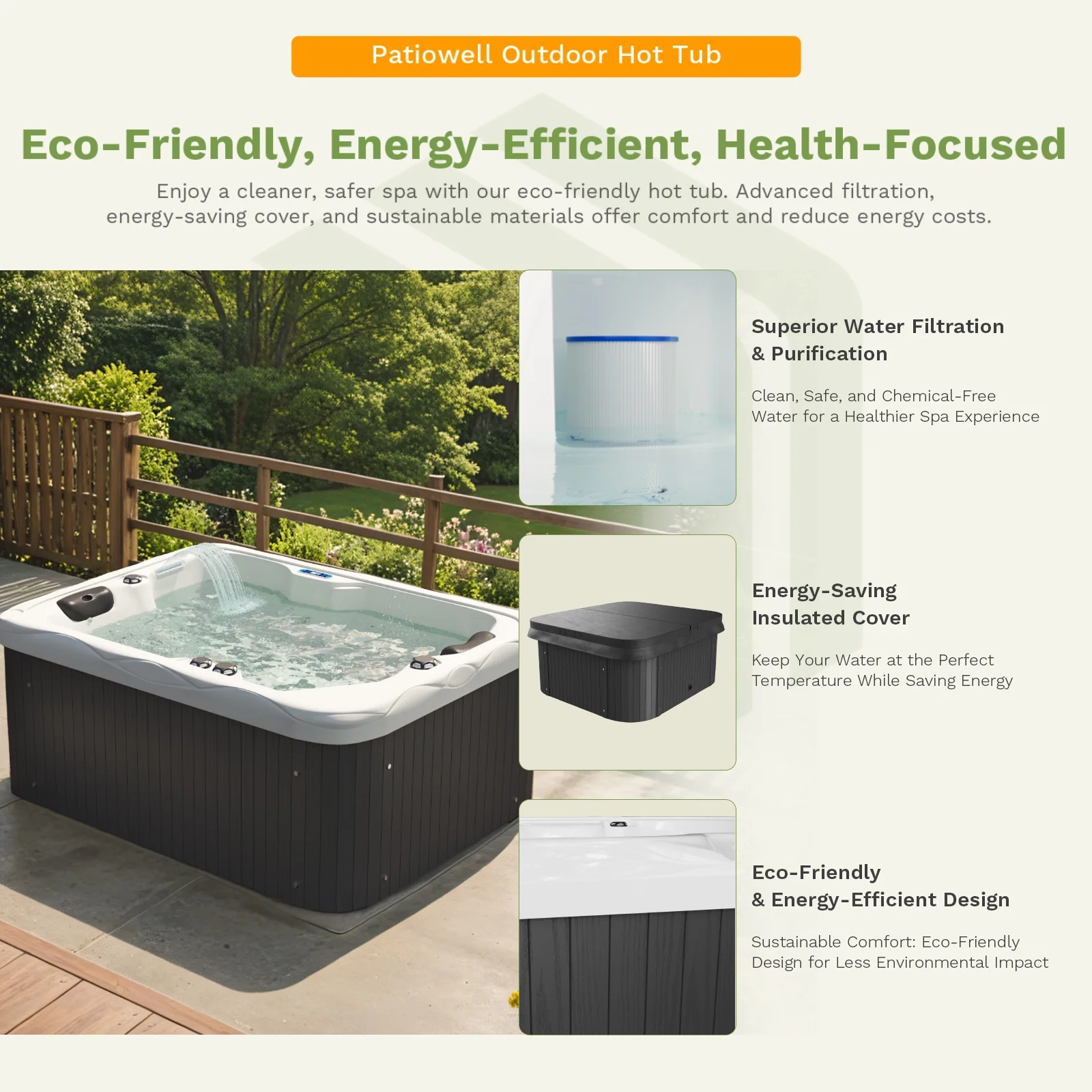 2 Person Home Spa Hot Tub for Outdoor, with 41pcs Massage Jets, LED lighting, Built-In Water Purification System, 900L, Black(2) - Image 7