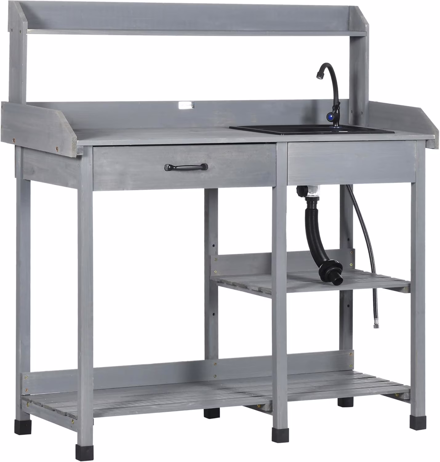 SSyao Potting Bench Table, Outdoor Wooden Garden Workstation with Removable Sink, Faucet, Storage Drawer, Shelves & Tool Hooks, Gardening Table for Patio, Backyard, Greenhouse, Planting Tasks,Gray