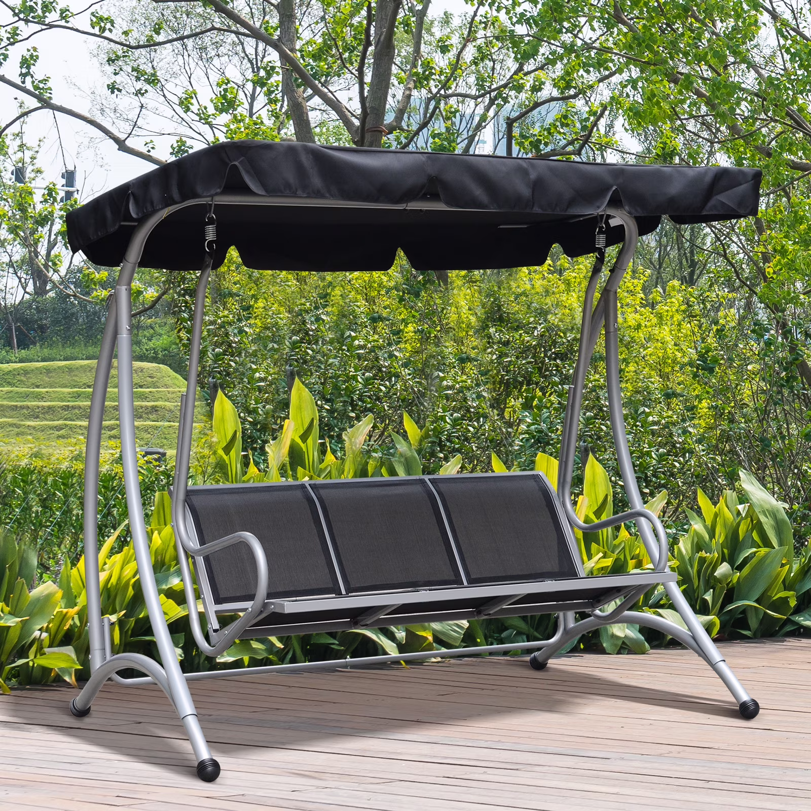 3 Person Patio Swing Seats, Porch Swing with Stand Adjustable Canopy, Heavy Duty Outdoor Swing Chair Bench for Adults, Black(Black)