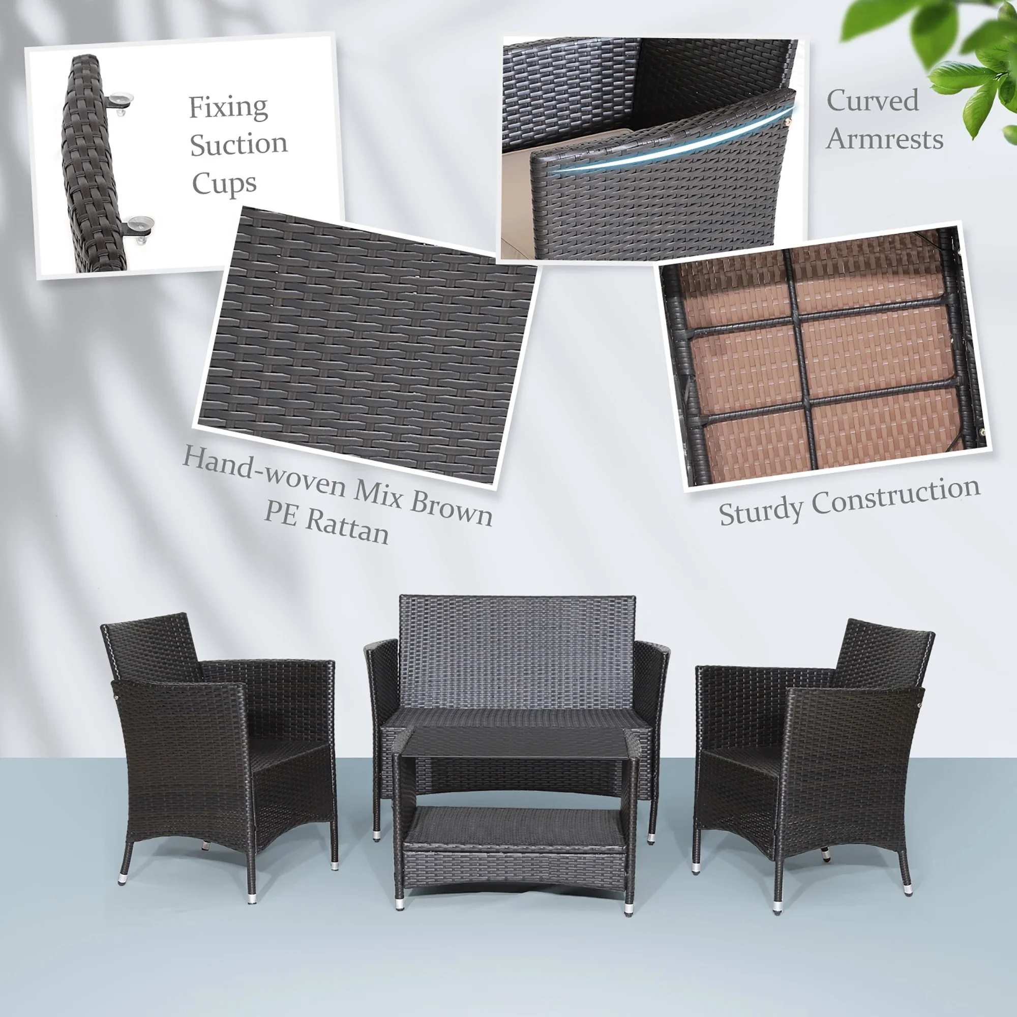 Costway 4PCS Patio Rattan Furniture Set Armrest Cushion Sofa Coffee Table withShelf Garden