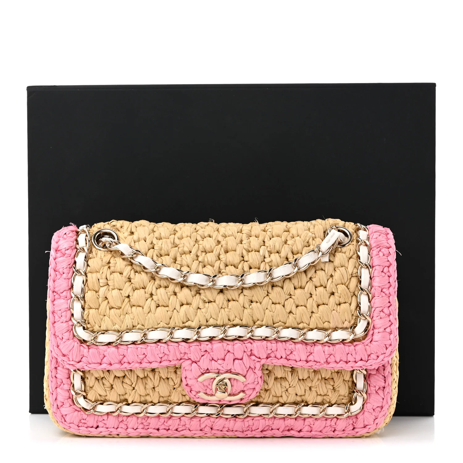 Raffia Chain Venice Beach Flap Bag Beige Pink