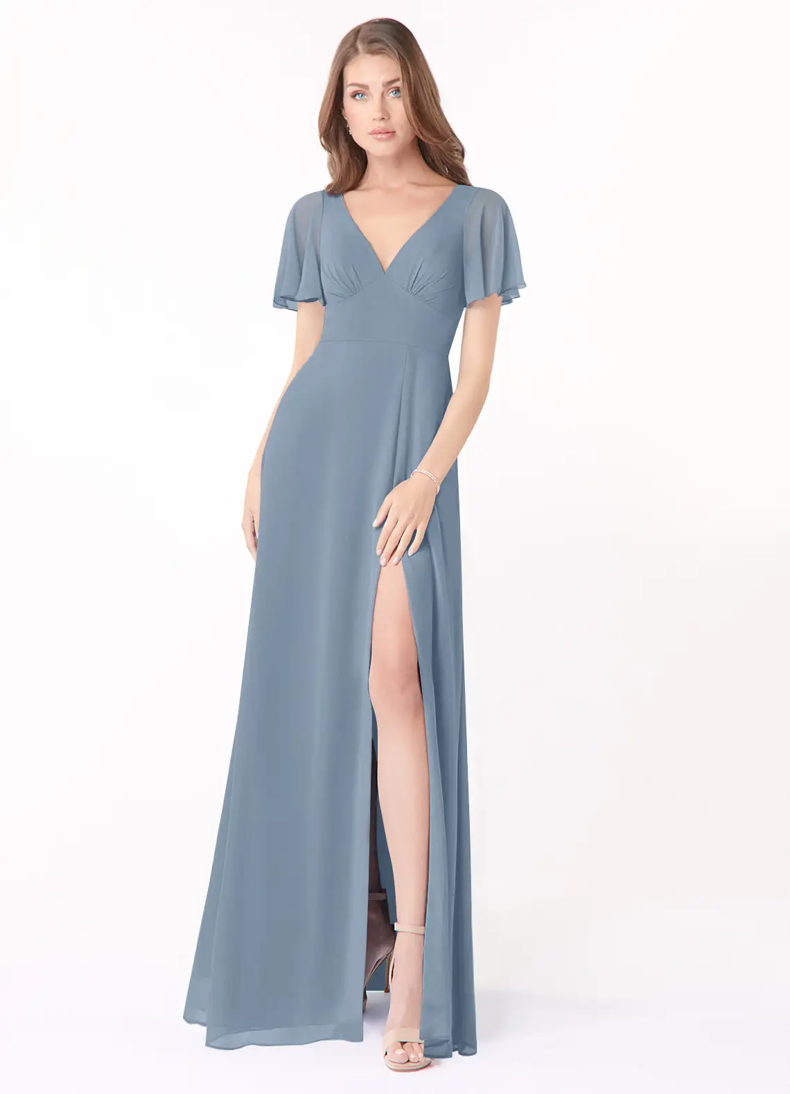 Dusty Blue A-Line Flounce Sleeve Chiffon Dress