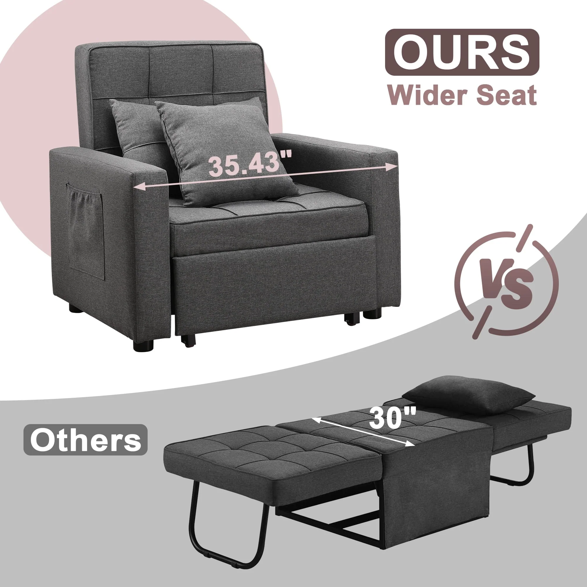 Tolead 3 - in - 1 Convertible Sofa Bed Sleeper Chair with Adjustable Backrest, Gray