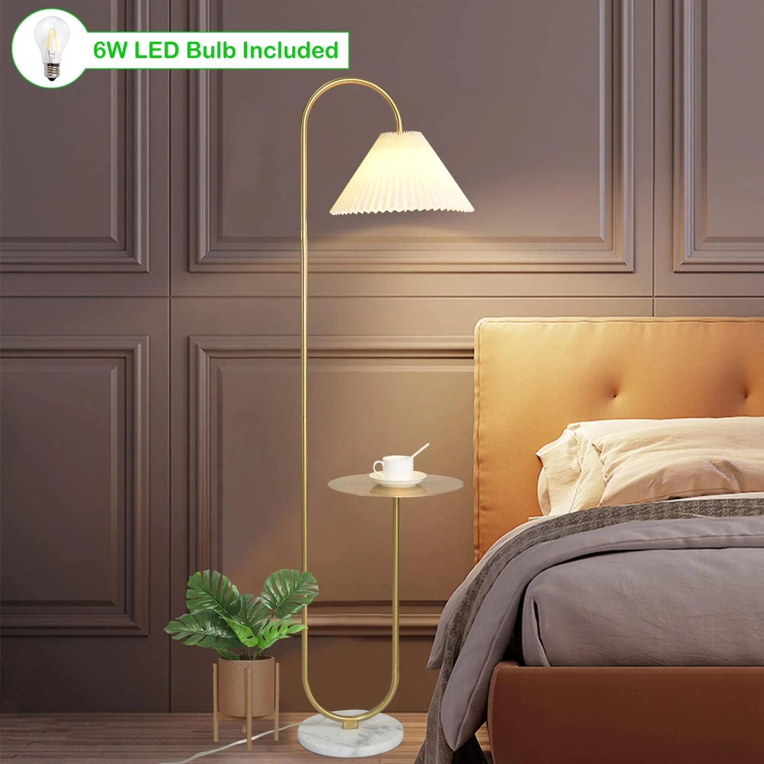 Modern Elegant with Tray Floor Lamp for Office Cafe Den Living Room Bedroom, Foot Switch and Brass/Gold Finish,Light Yellow Pleated Cloth Lampshade(Brass+Dark Green Lampshade) - Image 10