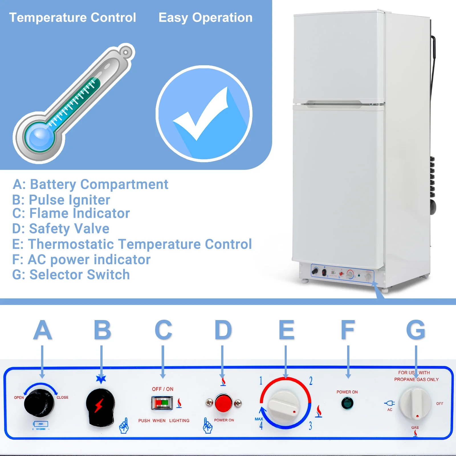 Smad 9.4 Cu ft 64 in*H Propane Refrigerator AC 110V Freezer Large Capacity Frigde Camper Motorhome