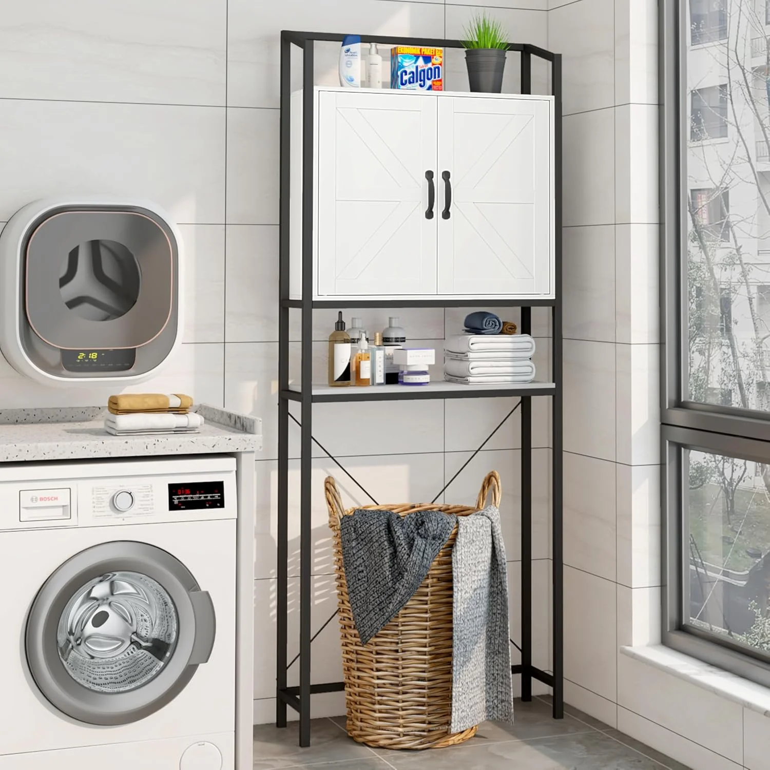 Over The Toilet Storage Cabinet, Bathroom Space Saving Toilet Shelf with 2 Doors and 3 Adjustable Shelf, White - Image 3