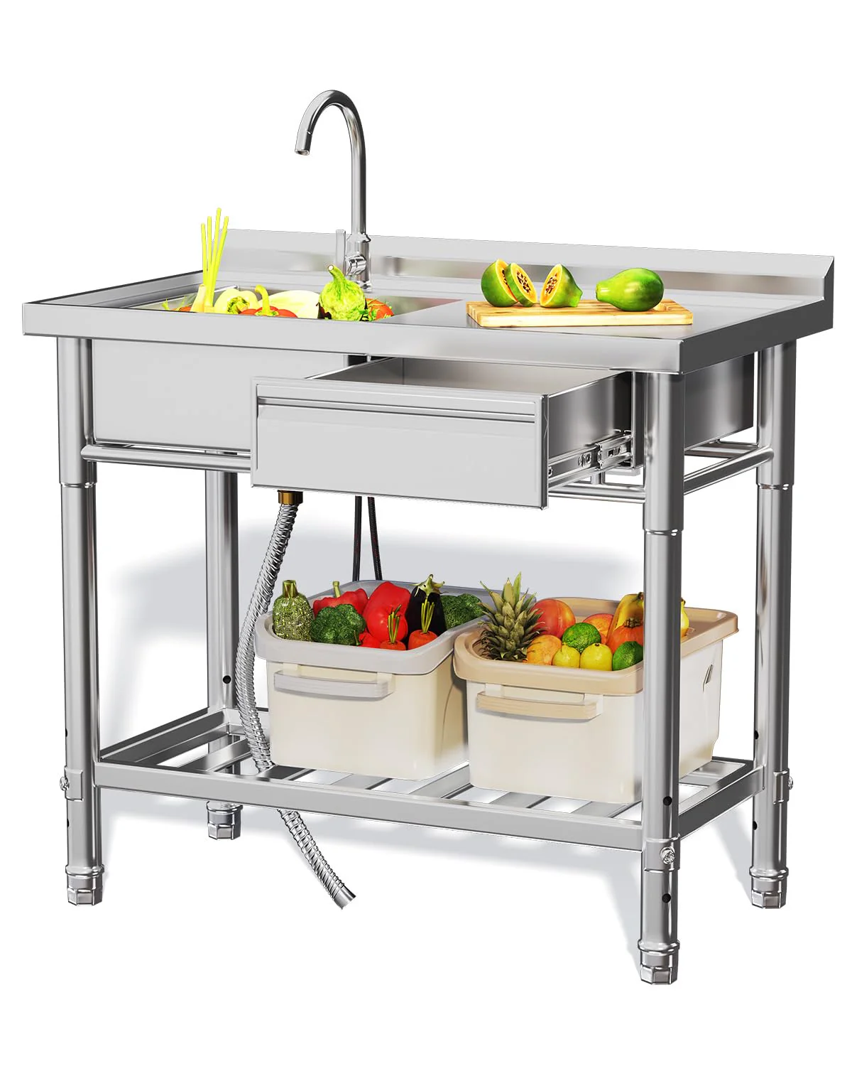 AECOJOY Stainless Steel Utility Sink, Free Standing Single Bowl Commercial Kitchen Sinks with Faucet