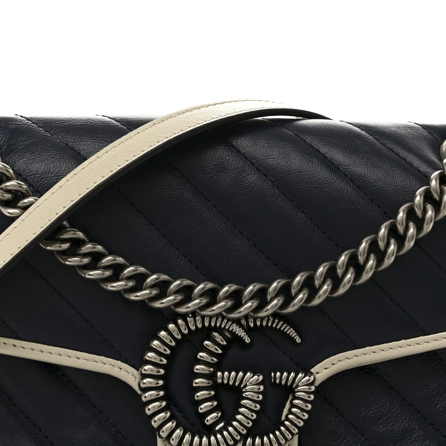 Vintage Effect Calfskin Matelasse Diagonal Small Torchon GG Marmont Shoulder Bag Blue Agata Mystic White