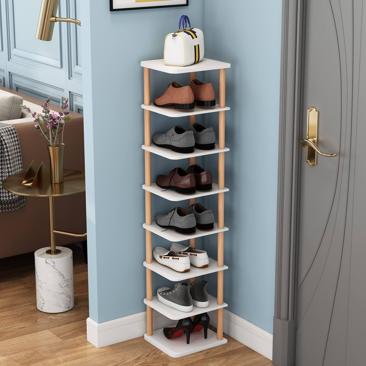LUCKNOCK 8 Tiers Vertical Shoe Rack, Narrow Shoe Organizer, Stylish Wooden Shoe Storage Stand, Space Saving Shoe Shelf, Shoe Tower, Free Standing Shoe