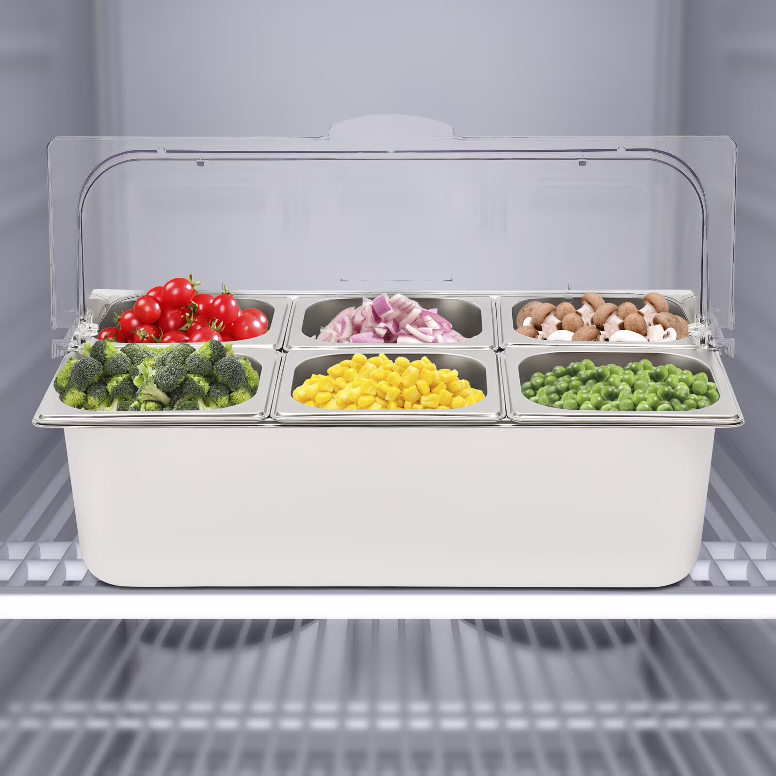 Stainless Steel Ice Food Serving Display Tray with 6 Pans a?? Hot Cold Buffet Chiller Server, PC Roll Cover, Dual-Sided Access, 3.59qt Each Pan, for Catering Party Use
