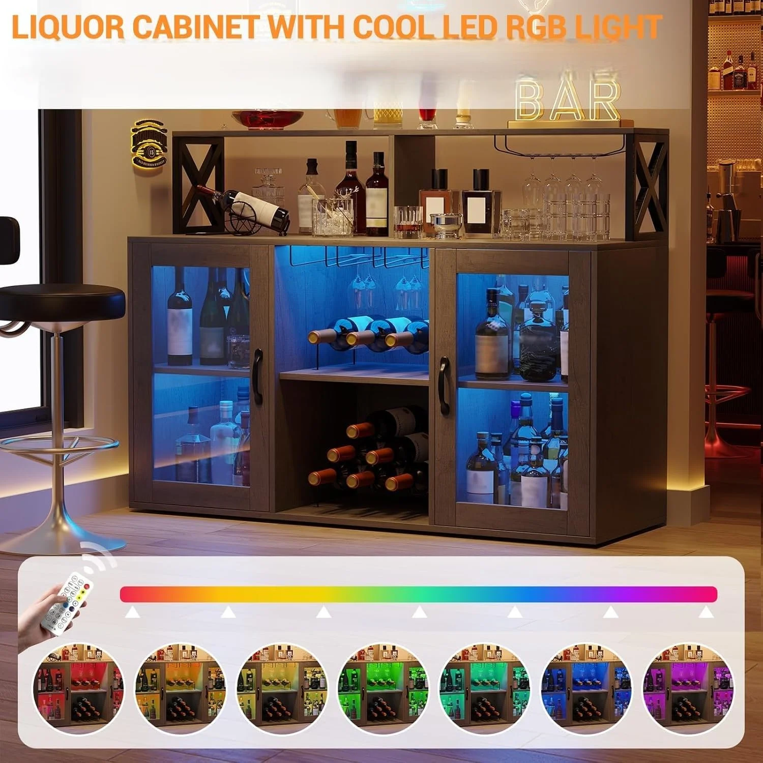 Bar Cabinet with Storage Shelves, Coffee Bar Cabinet with LED Lights, Liquor Cabinet with Wine Rack and Glass Goblet Holder, Kitchen Sideboard Buffet Cabinet for Home, Kitchen, Dining Room(Retro Gray) - Image 3
