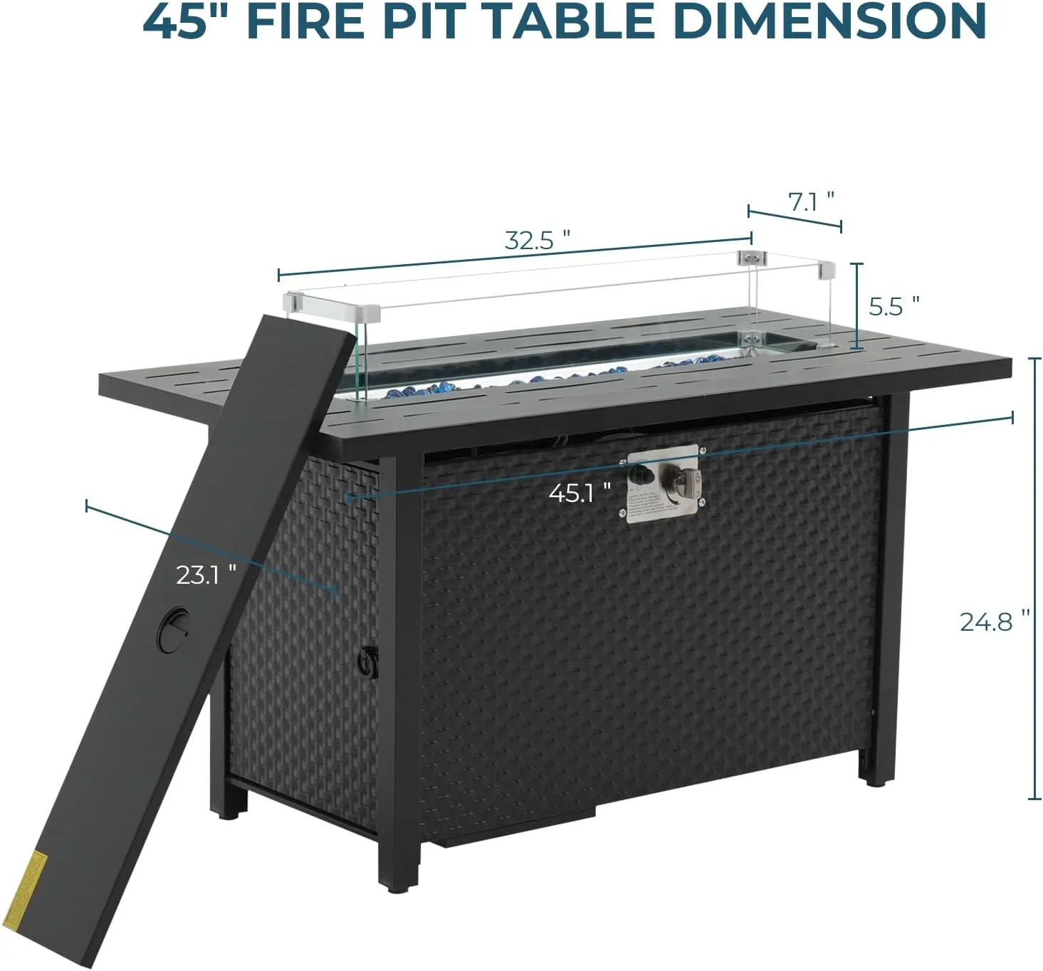 Simenmax 45'' Propane Fire Pit Table, 50,000 BTU Square Outdoor Gas Firepit with Steel Tabletop, Glass Wind Guard, Blue Glass Stone and Waterproof Cover for Garden, Patio, Deck, Yard