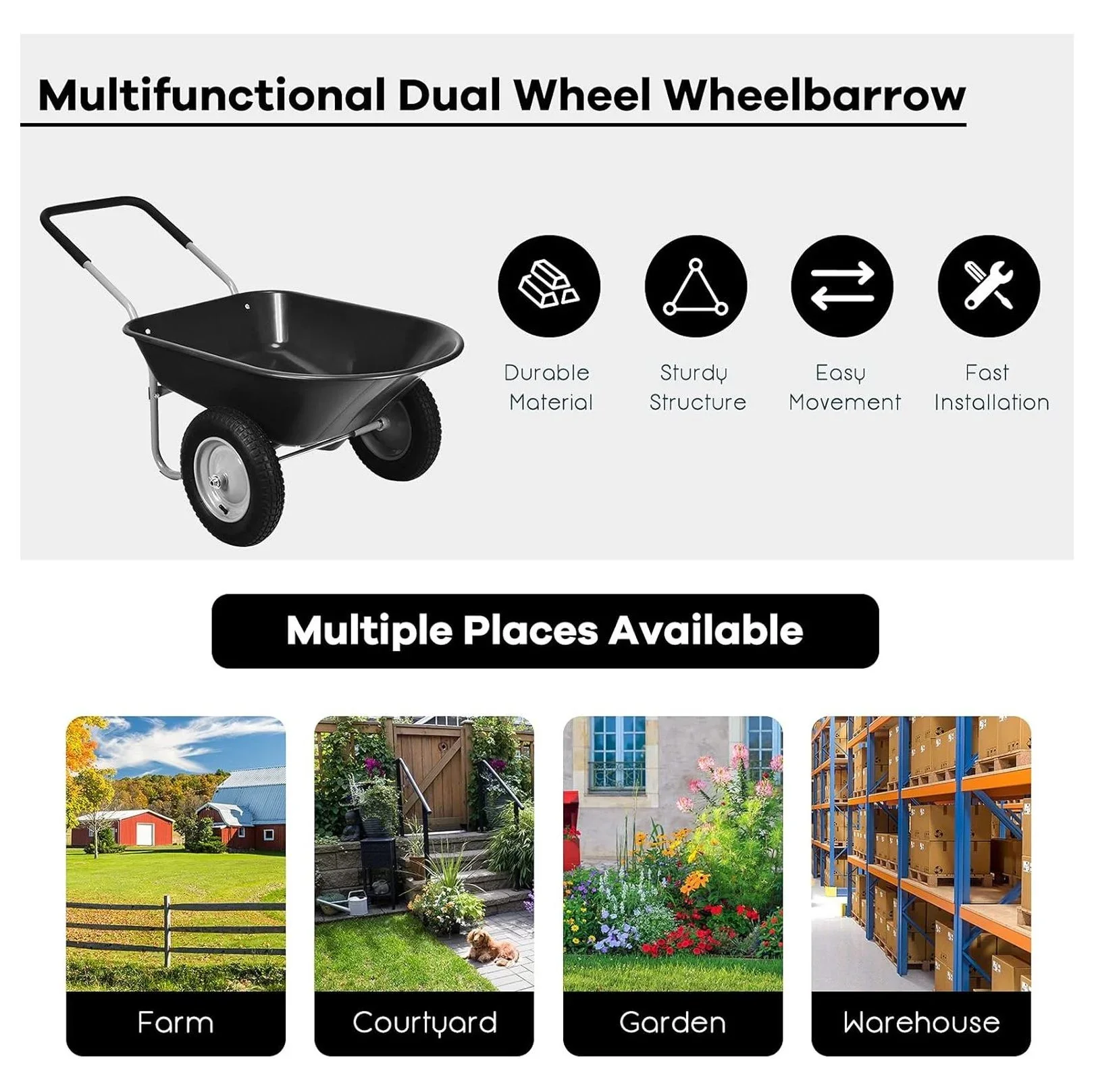 IRONMAX Garden Dual-Wheel Wheelbarrow, Heavy Duty Utility Yard Cart w/ 2x14���� All- Wheels & Built-in Stand, Wheel Barrow for Lawn, Yard, Farm, Gardening & Planting (Black)