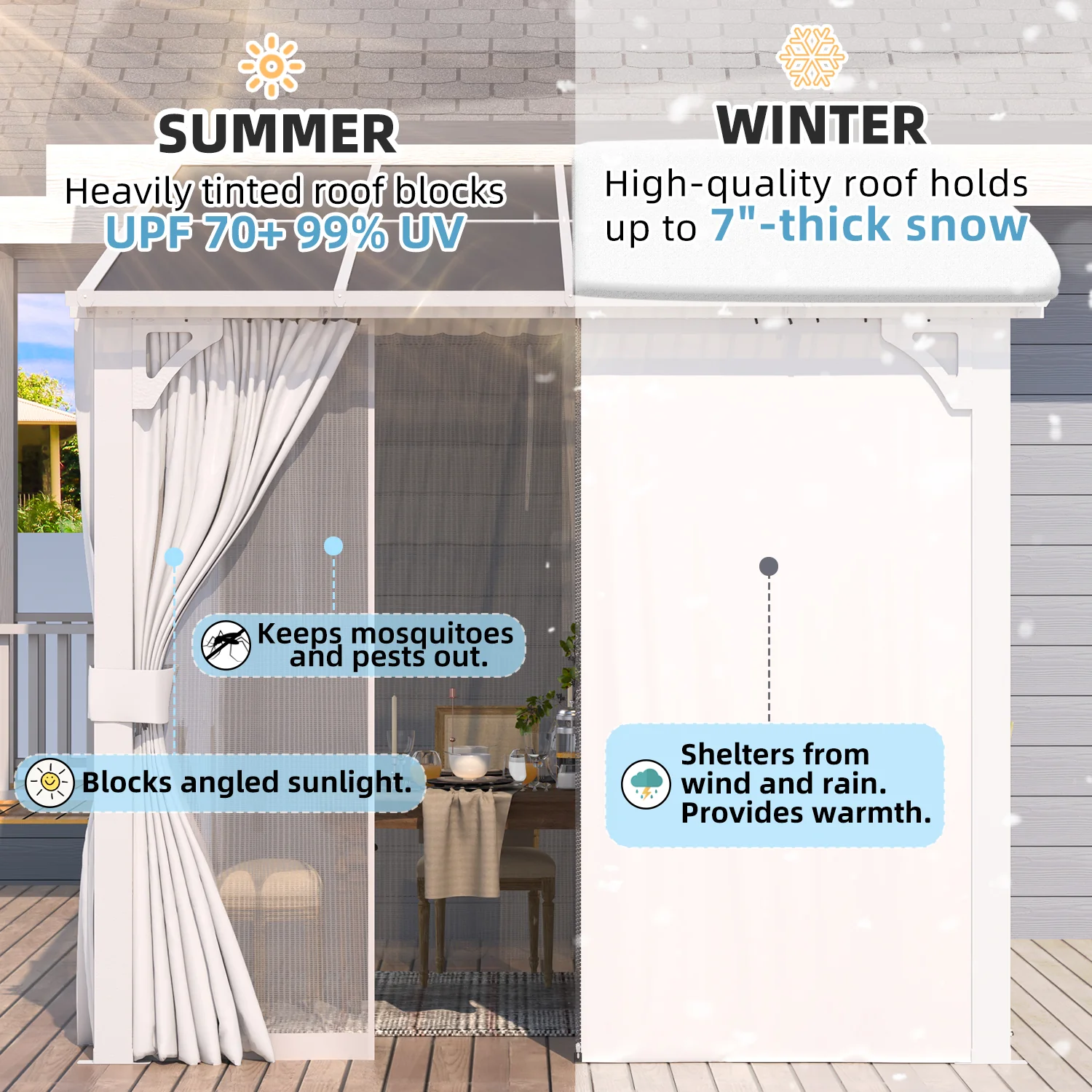 AECOJOY 8'x8' Wall Gazebo with Curtains and Mosquito Netting, White