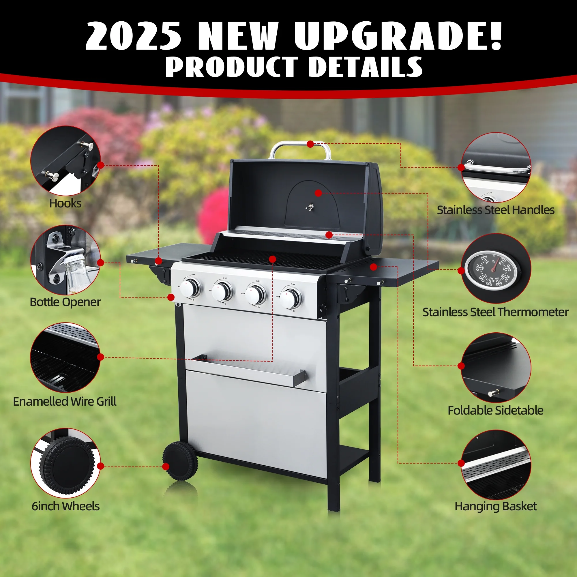 4-Burner Propane Gas Grill 34,200 BTU BBQ Grill, Stainless Steel Control Panel, Easy Ignition, Temperature Gauge, 2 Enameled Cooking Grids for Backyard BBQ - Image 4