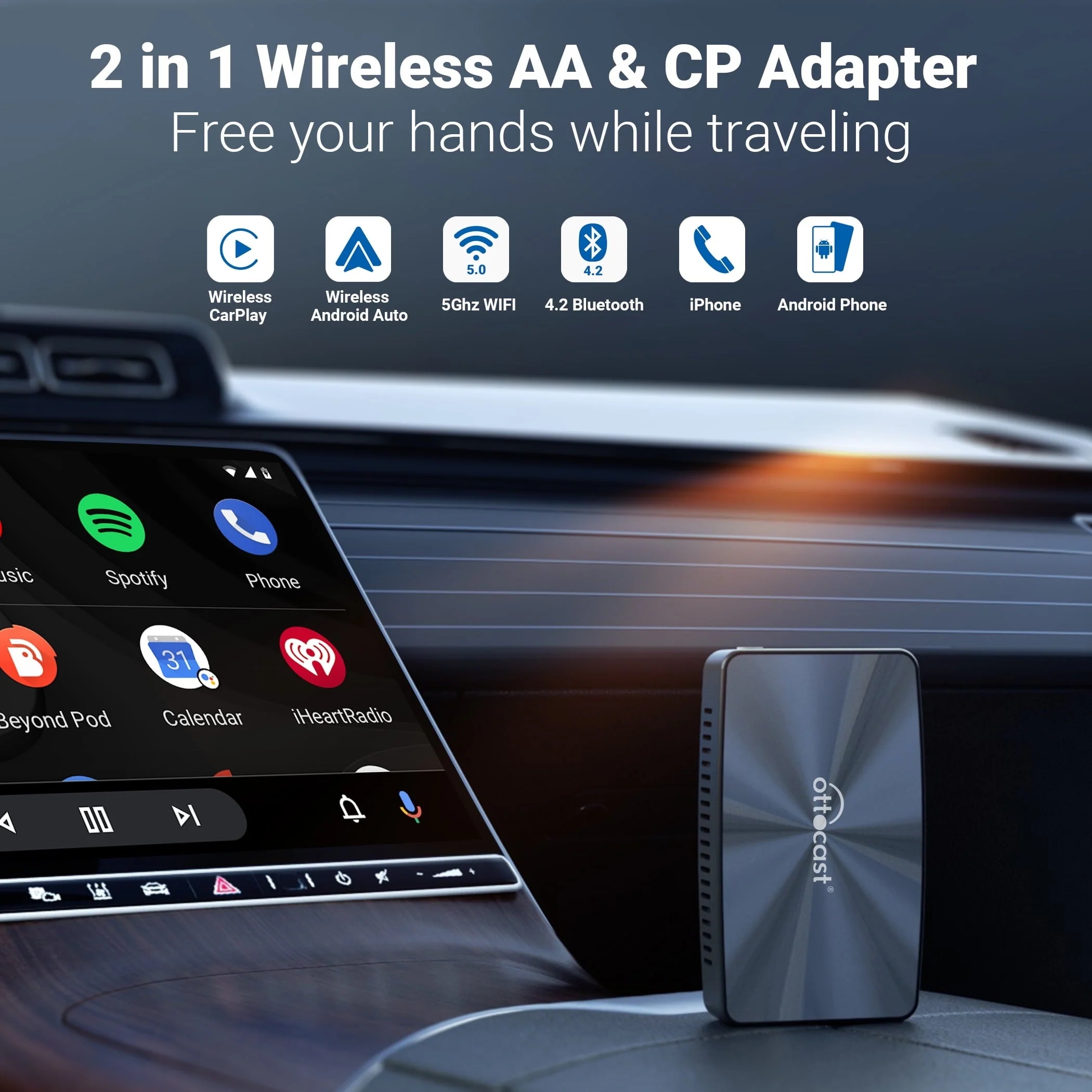 OTTOCAST U2-X Pro Wireless CarPlay Android Auto Car Adapter 2 in 1 for Wired CarPlay Cars Smart Button Faster Connection OTA Update - Image 2