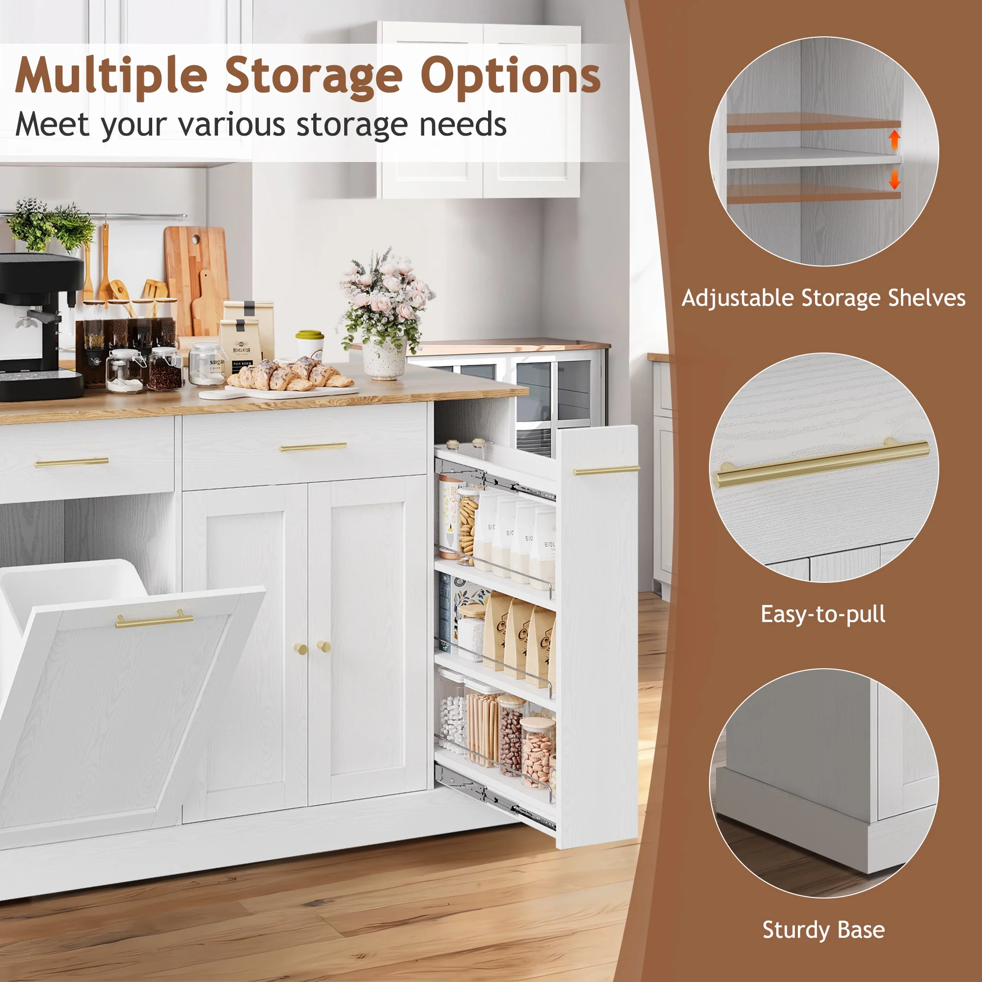 52" Kitchen Island with Storage, Rolling Kitchen Cart Island with Wheels, Tilt Out Kitchen Trash Cabinet 10 Gallon Storage, 3 Large Spice Racks and 2 Drawers, White(White) Image 9