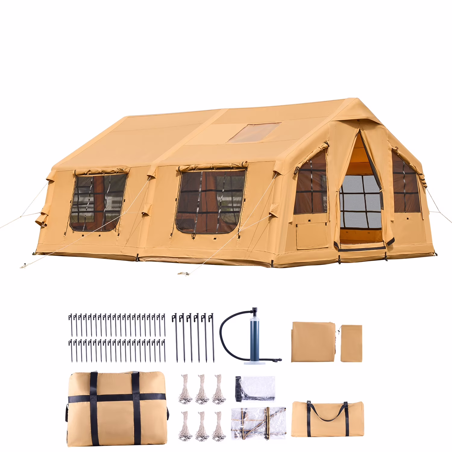 KFFKFF Inflatable Tent for Camping, 15.75 x 11.81 x 7.22 Ft Glamping Blow up Tent for 8 - 12 People, Air - Filled Camping Shelters, Outdoor Living Tent with Dual Sunroofs, Stove Jack