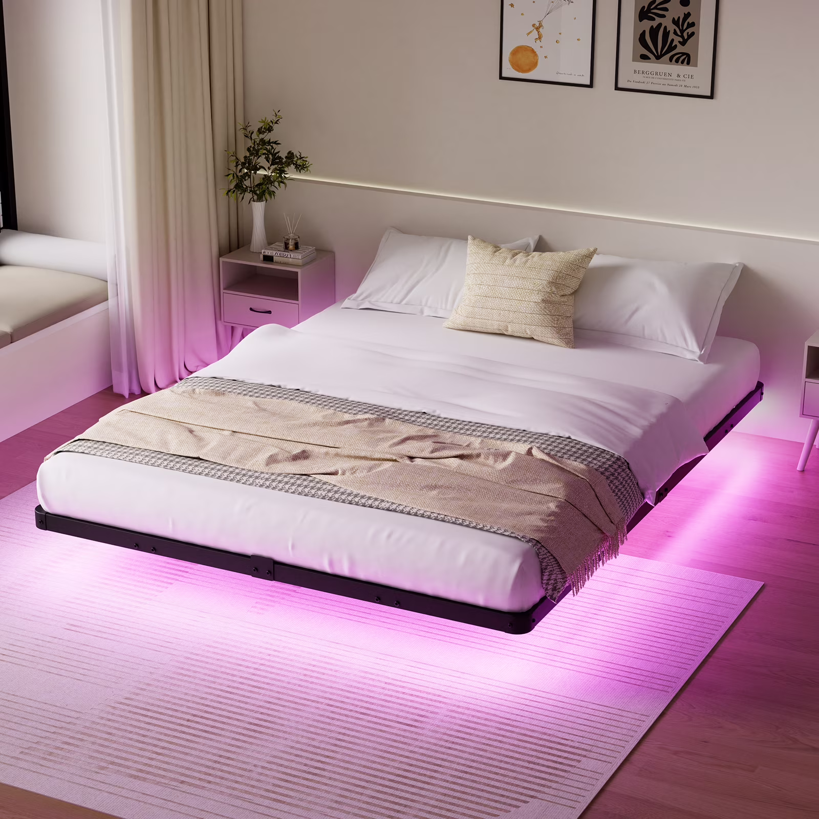 King Size Floating Bed Frame with LED Lights Bed Storage Metal Platform Bed Frames with Steel Slat Support Anti-Slip Easy Assembly, Black(King) - Image 5