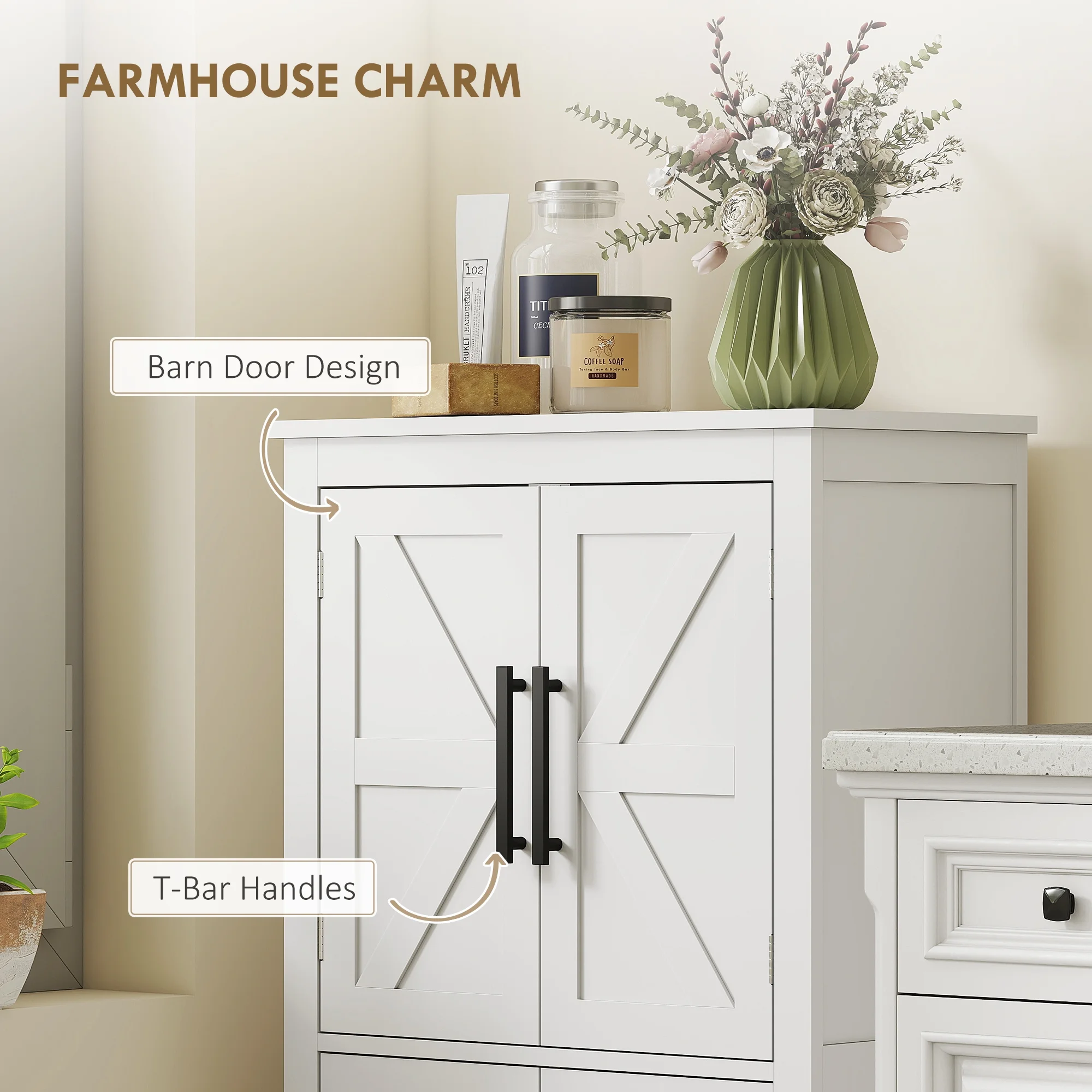 Bathroom Floor Cabinet, Farmhouse Bathroom Cabinet with Doors, White - Image 6