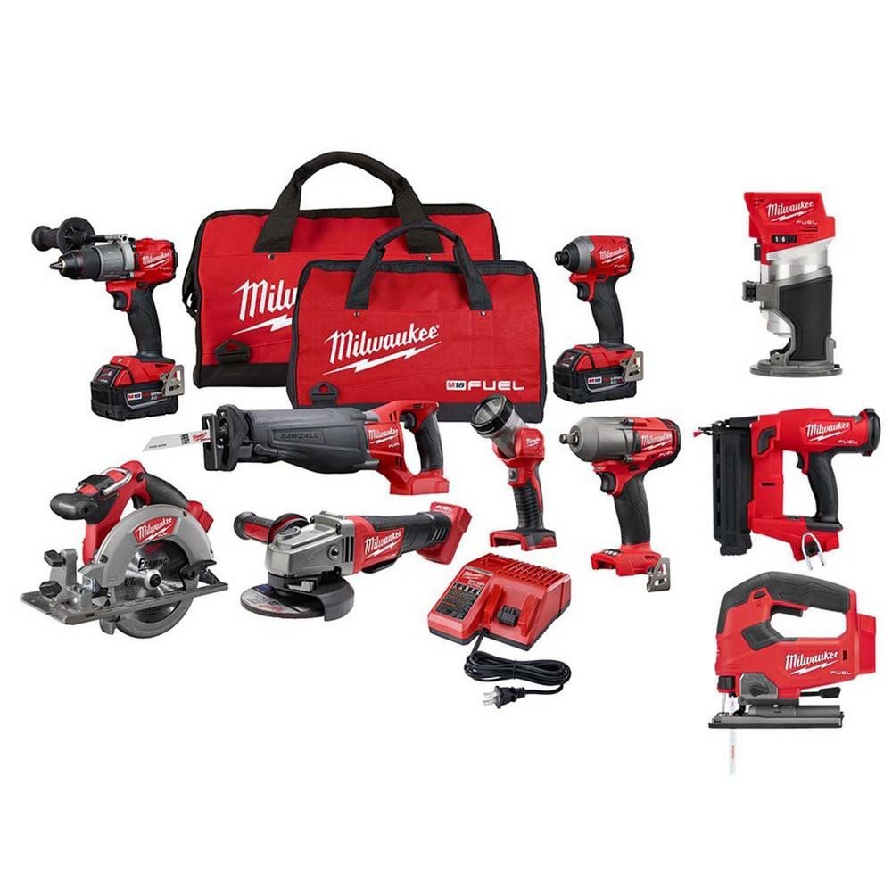 Ensemble combiné sans fil 2025 M18 FUEL 18 volts à batterie lithium-ion sans balais (10 outils) avec 2 batteries 5,0 Ah, 1 chargeur et 2 sacs à outils.