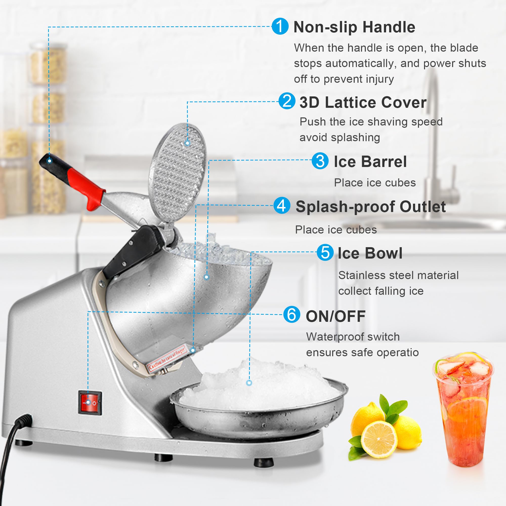 Electric Ice Crusher, Shaved Ice Snow Cone Machine, Silver | 300W 2000r/min Stainless Steel Blade
