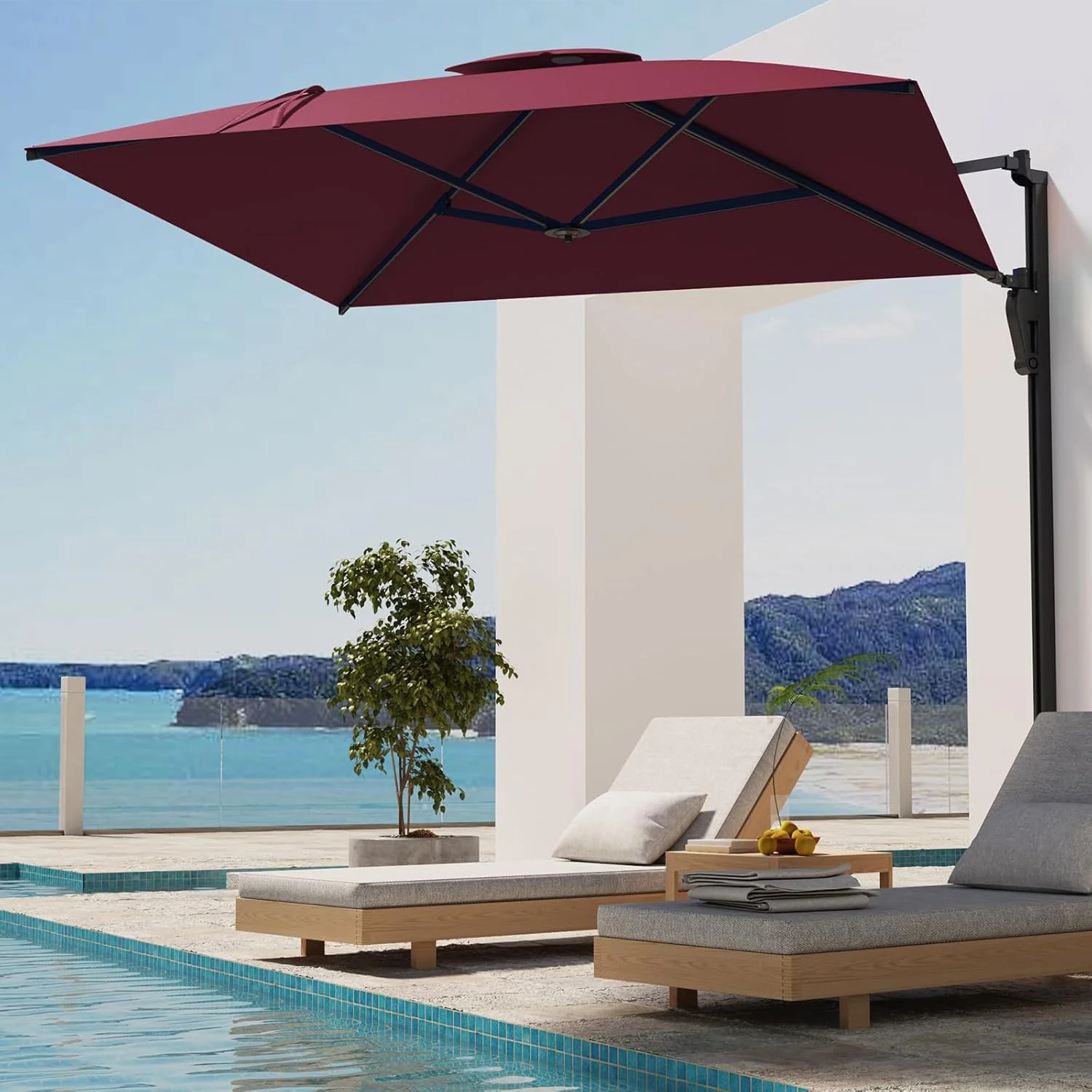 AECOJOY 10ft Cantilever Patio Umbrella, Large Rectangle Umbrella 180° Rotation Offset, Red